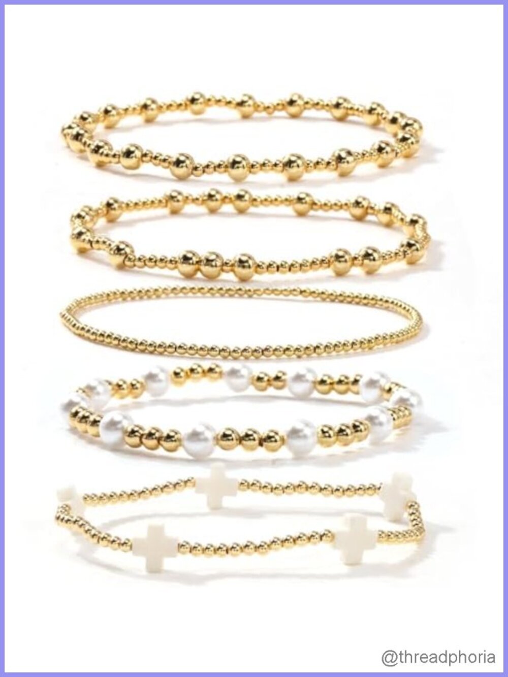 Boho Gold Plated Cross Clover Pearl Stretch Bracelet Stackable Set